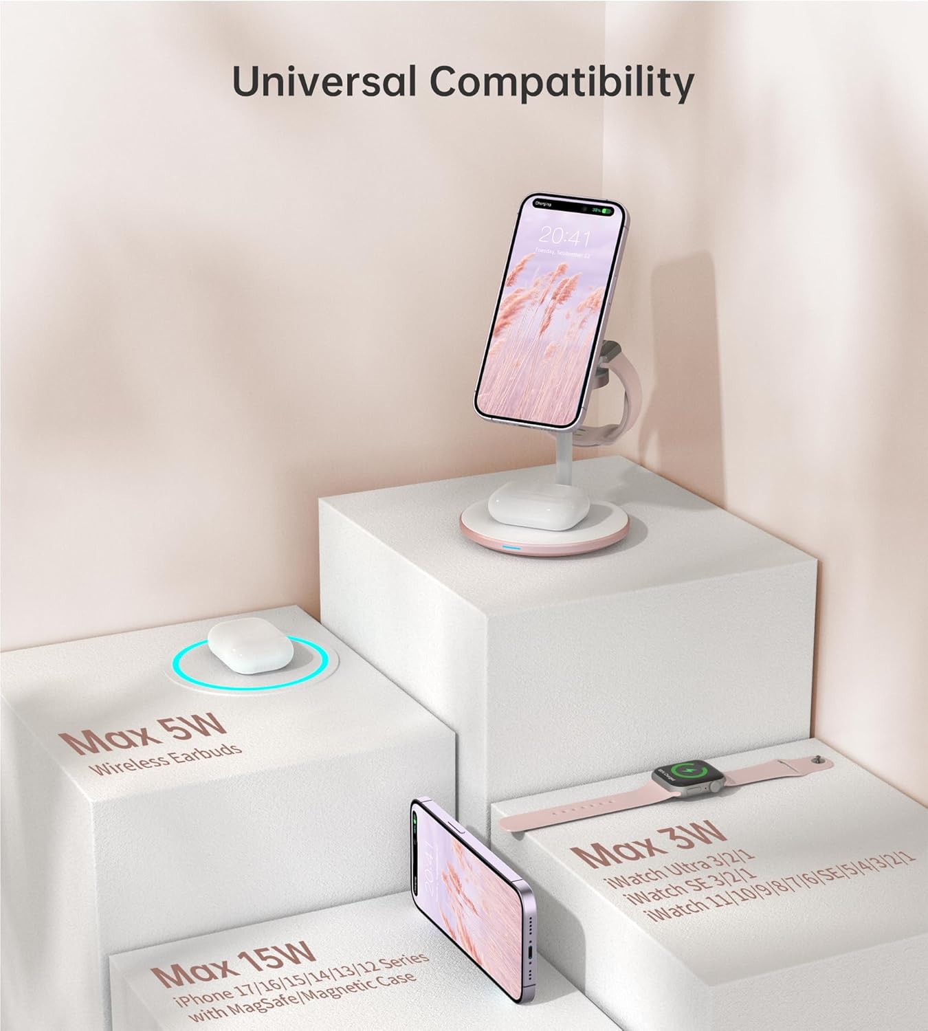 XooFly 3 in 1 Wireless Charging Station for Apple Devices, Fast Wireless Mag-Safe Charger Stand with 20W Adapter for iPhone 17 16 15 14 13 12 Pro Max/Air/Plus/Pro,iWatch,AirPods-Gift for Wife&Husband