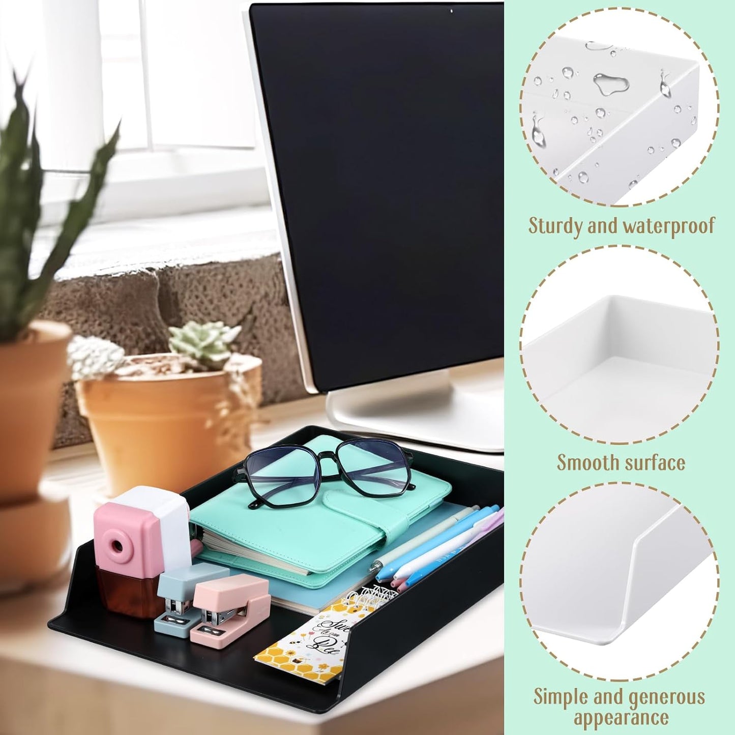 Wenqik 6 Pcs Stackable Paper Trays Rectangular Plastic Desk Holder Desktop Document File Organizer Storage Letter for Office Classroom (Black)