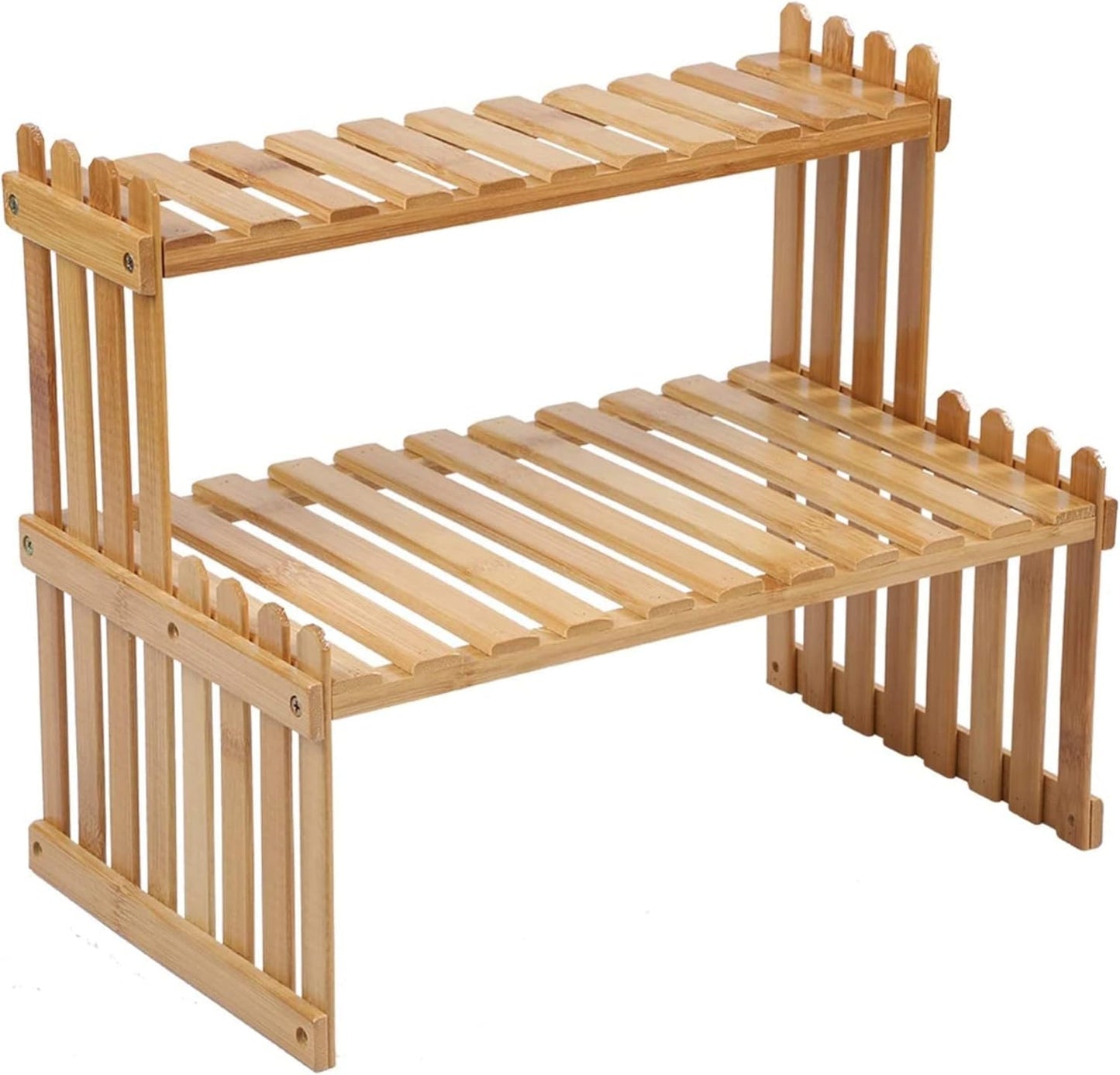 GURECOD 14.6"/18.5" 2 Tiers Bamboo Plant Stand Shelf,Desk Flower Pot Holder,Adjustable Desktop Shelf Display Organizer Ladder Rack for Office Decorate Storage Rack,Kitchen Rack (14.6" Length)