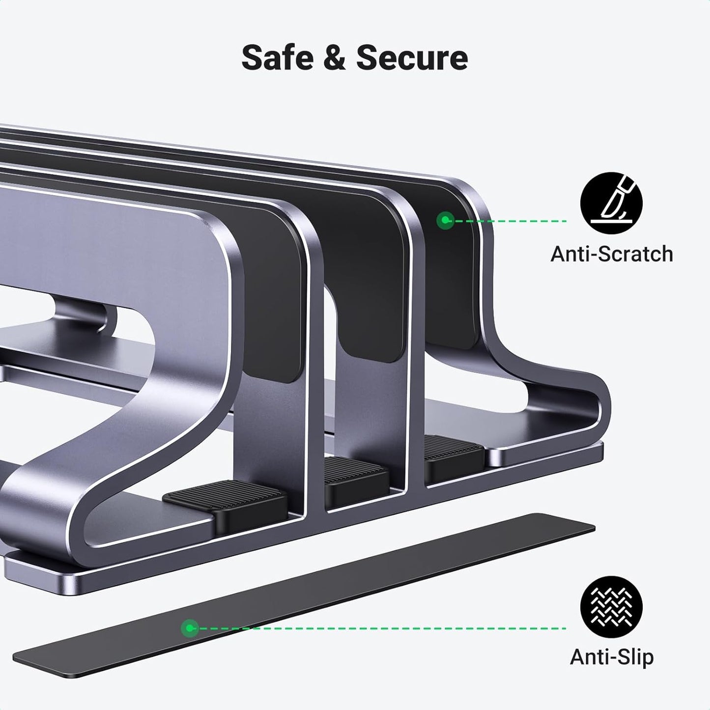 UGREEN 3-Slot Vertical Laptop Stand Holder Desk Compatible with MacBook Pro Air Laptop Stand Desktop Adjustable, Lenovo Ideapad, Surface Book, HP Notebook, Dell Chromebook Up to 17.3 Inch, Space Gray