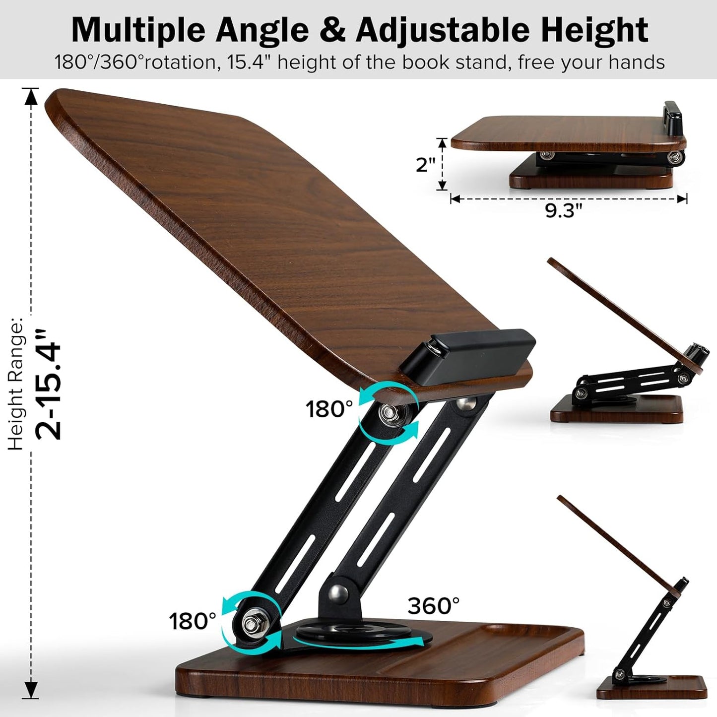 Book Stand with Light & Storage, Book Holders for Reading Hands Free, Wooden Cookbook Stand with Adjustable Height & 360 °Angle for Recipe,Magazine,Laptop,Tablet, Bible
