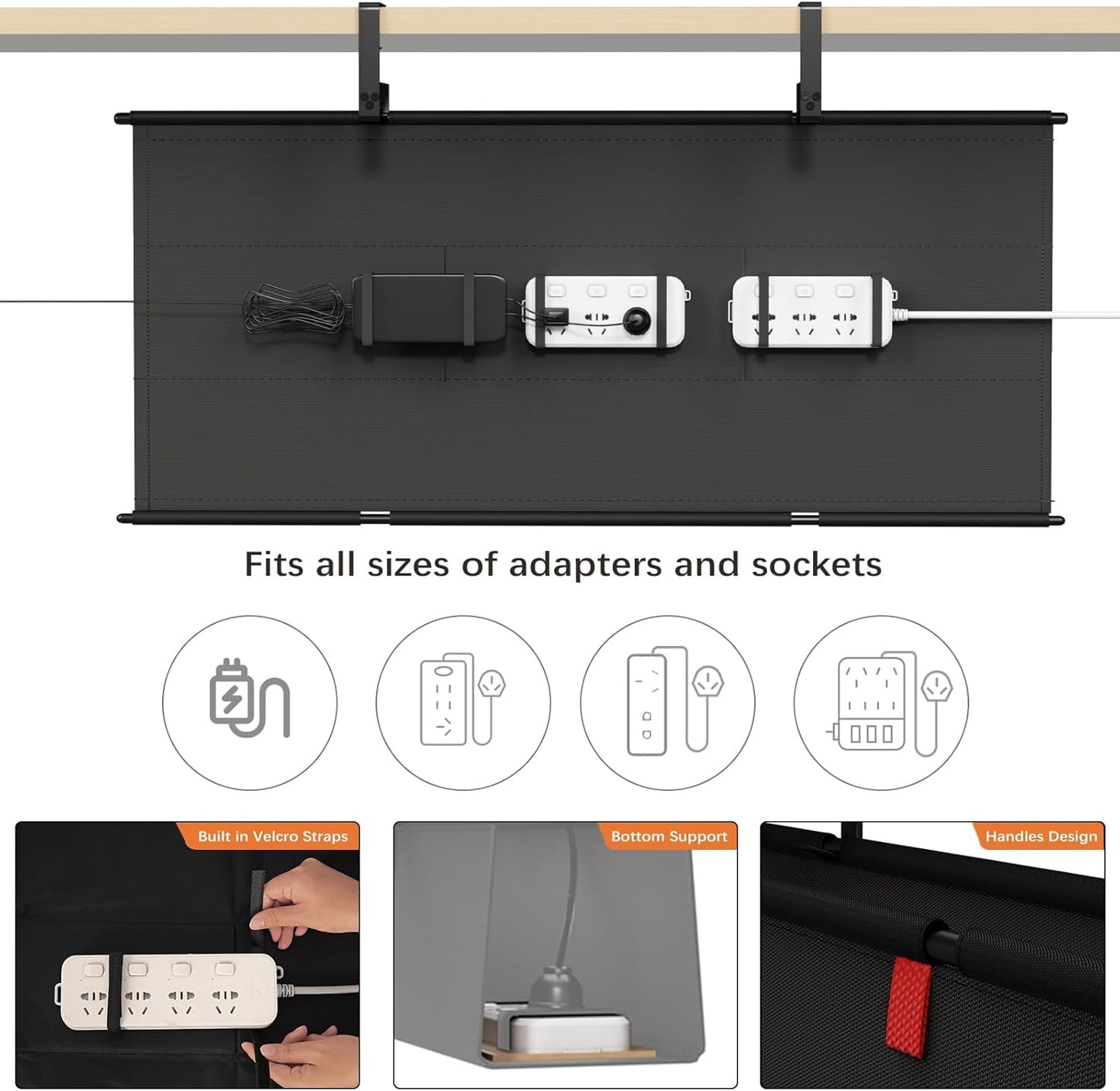 Under Desk Cable Management Tray - 36" Cord Organizer for Desk No Drill, Fabric Under Table Wire Organizer with 16X Cable Ties Hide for Office/Home, Cord Hider Fits Adapters & Sockets, White