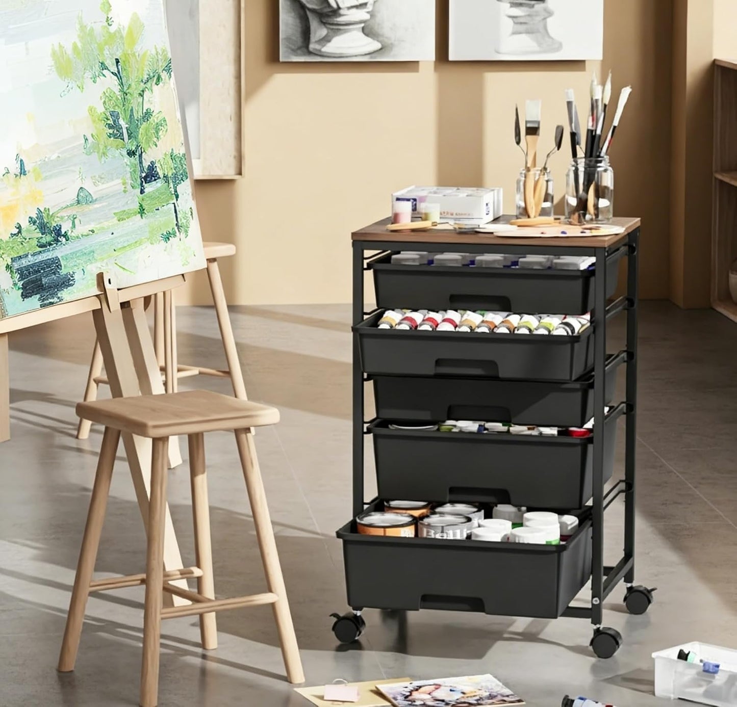 SYKIARIOL Utility Cart with 5 Drawers,Storage Cart with Wooden Tabletop and Lockable Wheels,Craft Storage Trolley Organizer,5-Tier Rolling Utility on Wheels,Light Green