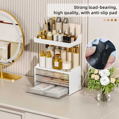 StorBin 3 Large Drawers Makeup Organizer - 5 Tier Bathroom Counter Organizers and Storage, Versatile Perfume Vanity Organizer, Ideal for Cosmetic, Large Skincare, Face Mask, Office Supplies, Amber
