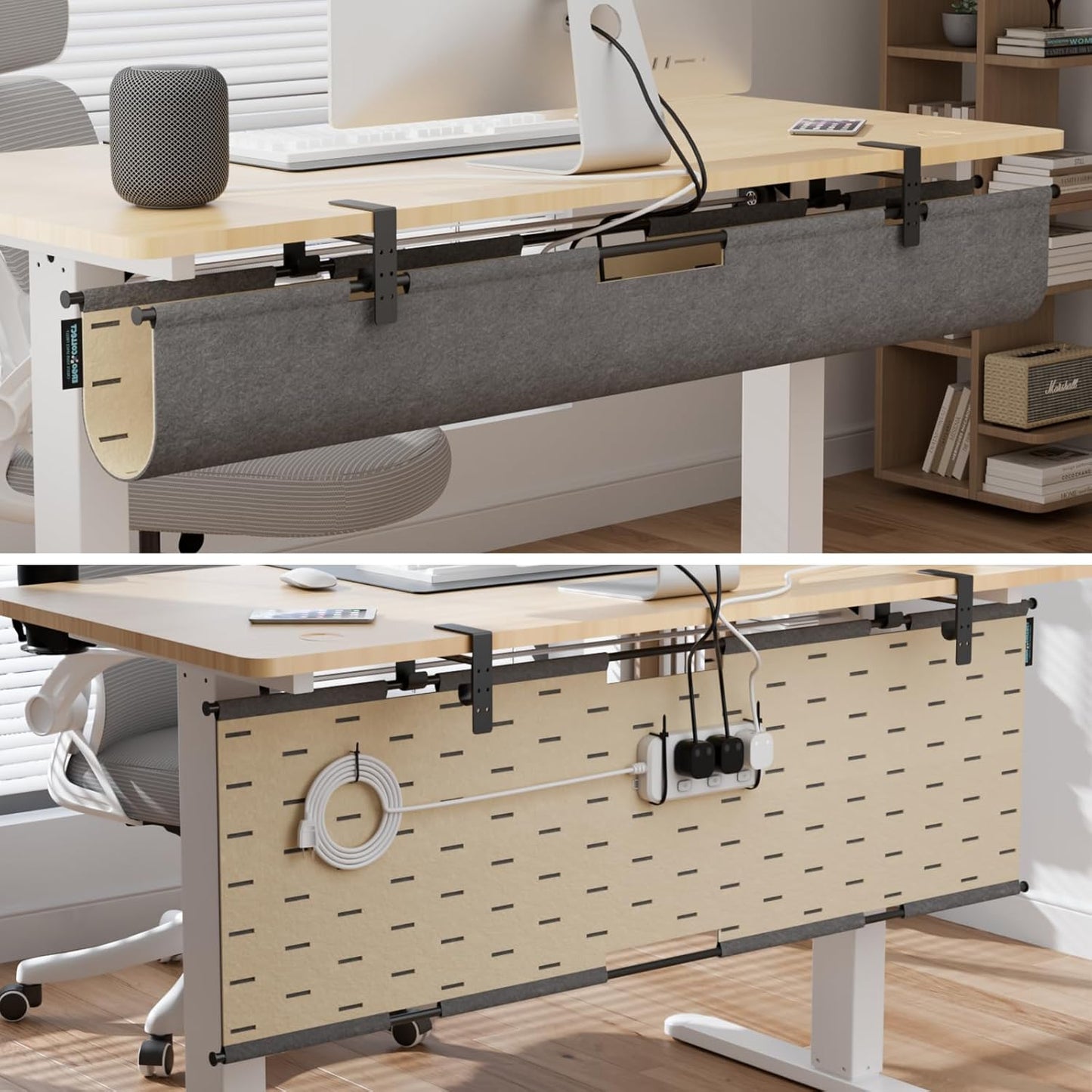 2-in-1 Under Desk Cable Management Tray & Privacy Panel, Dual-Sided Thick Felt Cord Organizer with 20 Cable Ties,Heavy Duty Steel Frame Support, No-Drill Clamp Mount,Large Capacity (Khaki/Gray, 45.2")