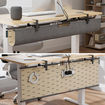 2-in-1 Under Desk Cable Management Tray & Privacy Panel, Dual-Sided Thick Felt Cord Organizer with 20 Cable Ties,Heavy Duty Steel Frame Support, No-Drill Clamp Mount,Large Capacity (Khaki/Gray, 45.2")