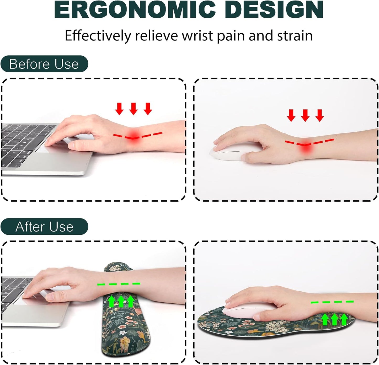Ergonomic Mouse Pad with Wrist Rest and Keyboard Wrist Rest, Memory Foam Wrist Rest for Computer Keyboard, Easy Typing, Pain Relief, Mouse Pad Wrist Support for Gaming,Office, Laptop, Black Flower