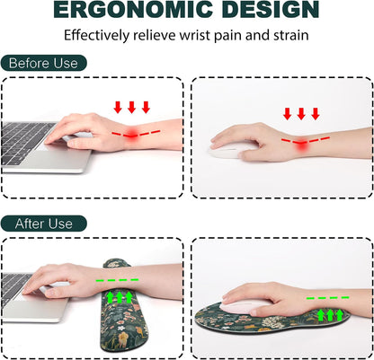 Ergonomic Mouse Pad with Wrist Rest and Keyboard Wrist Rest, Memory Foam Wrist Rest for Computer Keyboard, Easy Typing, Pain Relief, Mouse Pad Wrist Support for Gaming,Office, Laptop, Black Flower