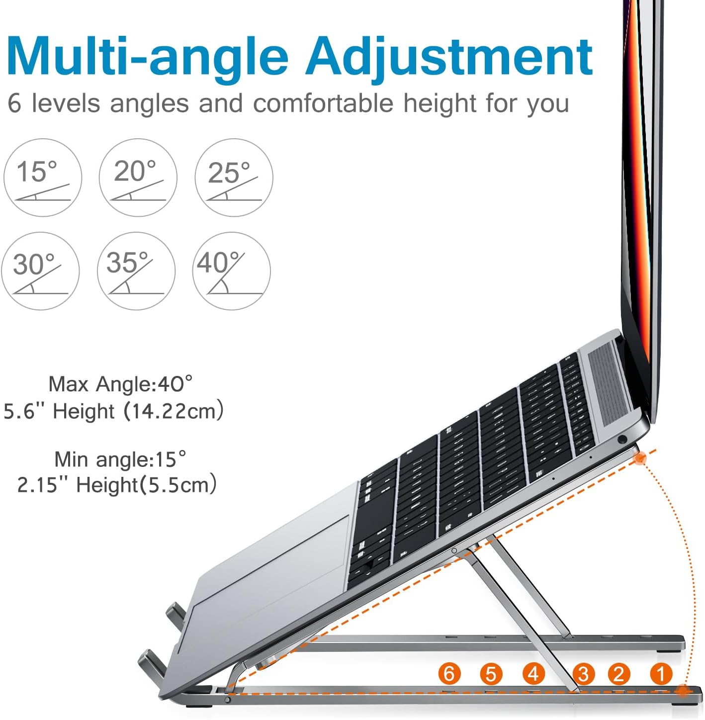 ivoler Laptop Stand, Laptop Holder Riser Computer Tablet Stand, 6 Angles Adjustable Aluminum Ergonomic Foldable Portable Desktop Holder Compatible with 10-15.6” MacBook,iPad, HP, Dell, Lenovo Silver