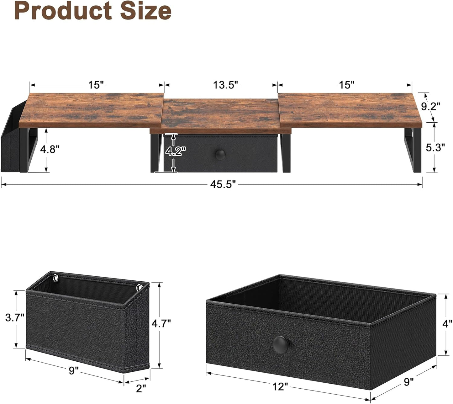 LAND·VOI Heavy Duty Dual Monitor Stand, Holds 2 Screens Up to 27 Inches, Adjustable Length and Angle Monitor Riser, Desk Organizer with Side Pockets and Drawers, Home Office Desk Storage, Rustic Brown