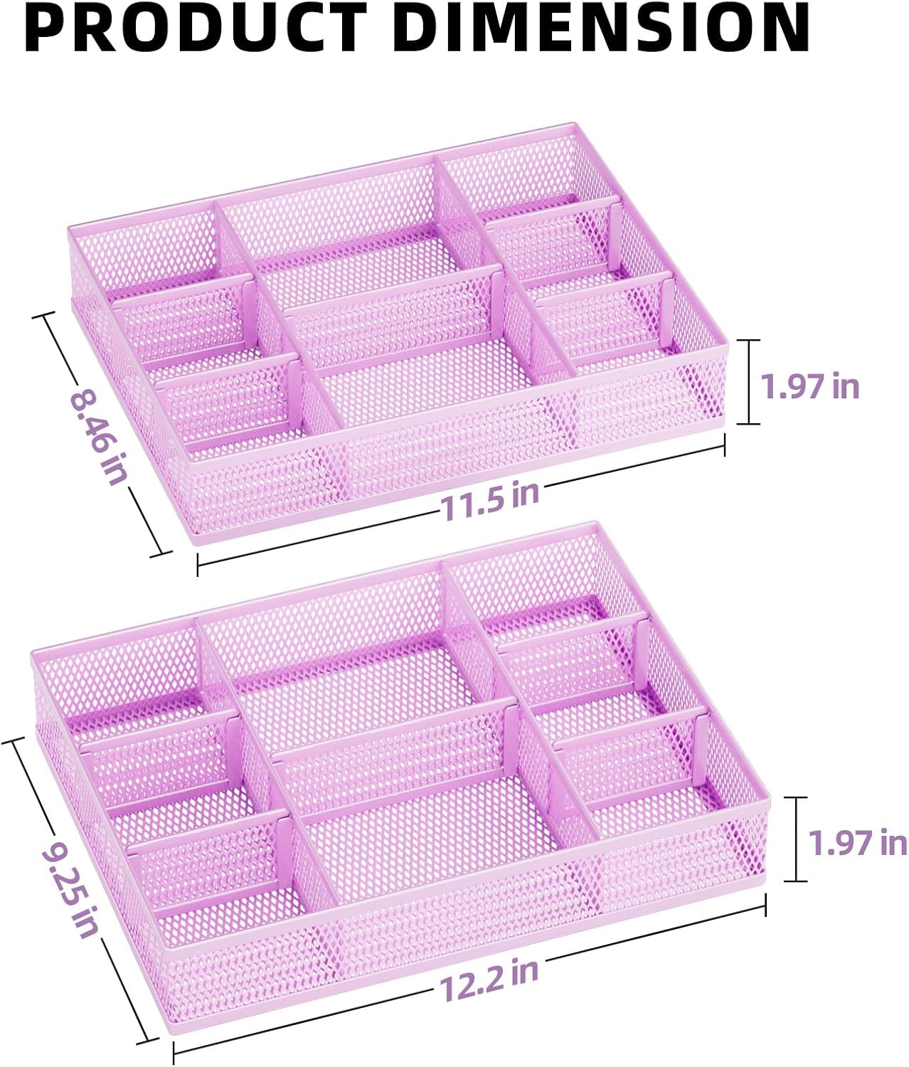 Marbrasse 2 Pack Desk Drawer Organizer, Mesh Drawer Organizer Tray with 8 Adjustable Compartments, Desk Organizers and Accessories, 5 Dividers Drawer for Office Supplies, Makeup & Vanity (Black)