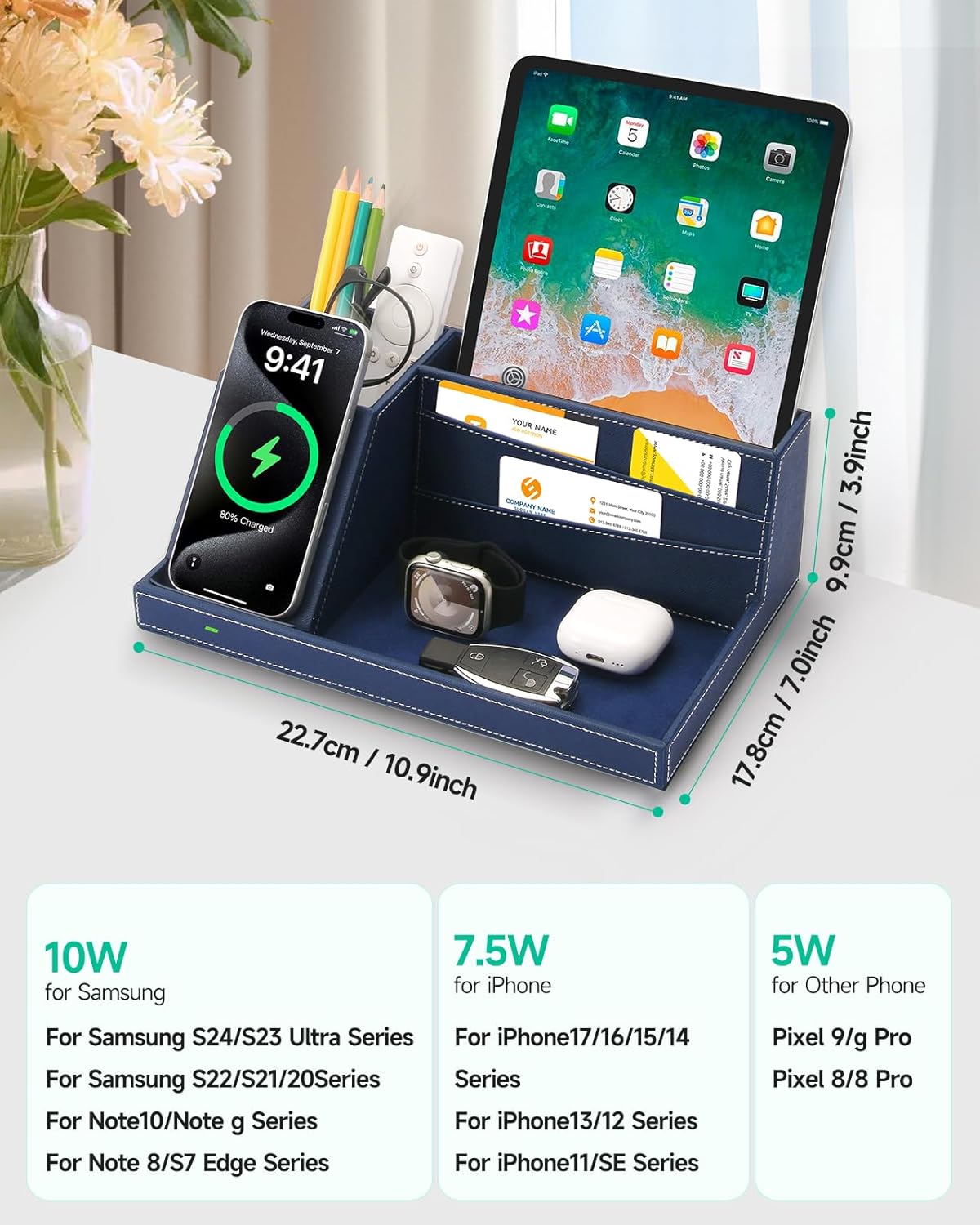 Fast Wireless Charging Station with Desk Organizer for iPhone 17/16/15/15 Pro/14/14 Pro Max/14 Pro/14 Plus/13/13 Pro Max/13 Pro/and iPhone 12/11 Series, Nightstand Desktop Organizer, Brown