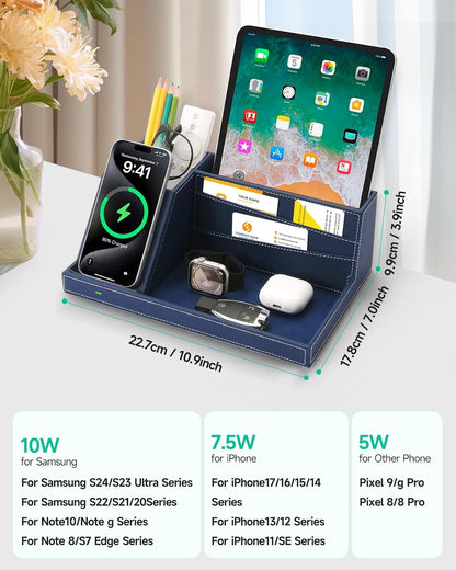 Fast Wireless Charging Station with Desk Organizer for iPhone 17/16/15/15 Pro/14/14 Pro Max/14 Pro/14 Plus/13/13 Pro Max/13 Pro/and iPhone 12/11 Series, Nightstand Desktop Organizer, Brown