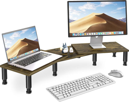 AX Waber Dual Monitor Riser - Adjustable Length & Angle, Wooden Stand for 2 Monitors with Storage