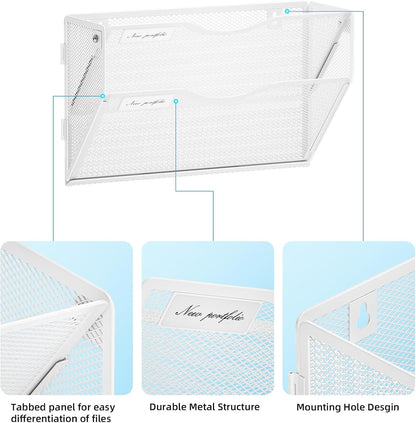 Marbrasse Wall File Holder 2-Tier Hanging Wall File Organizer, Mesh Mail Holder for Papers, Wall Mount File Clipboard & Magazine Organizer Great for Office Home (Black)