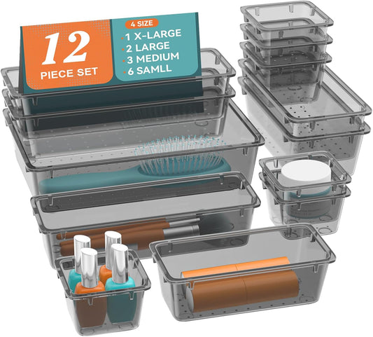 ElegantArray 12 PCS Drawer Organizer Set, 4 Sizes Tool Storage Trays, Clear Plastic Makeup Vanity Organizer and Storage Bins for Makeup, Stationeries, Multiple Gadgets for Bathroom, Office, Bedroom