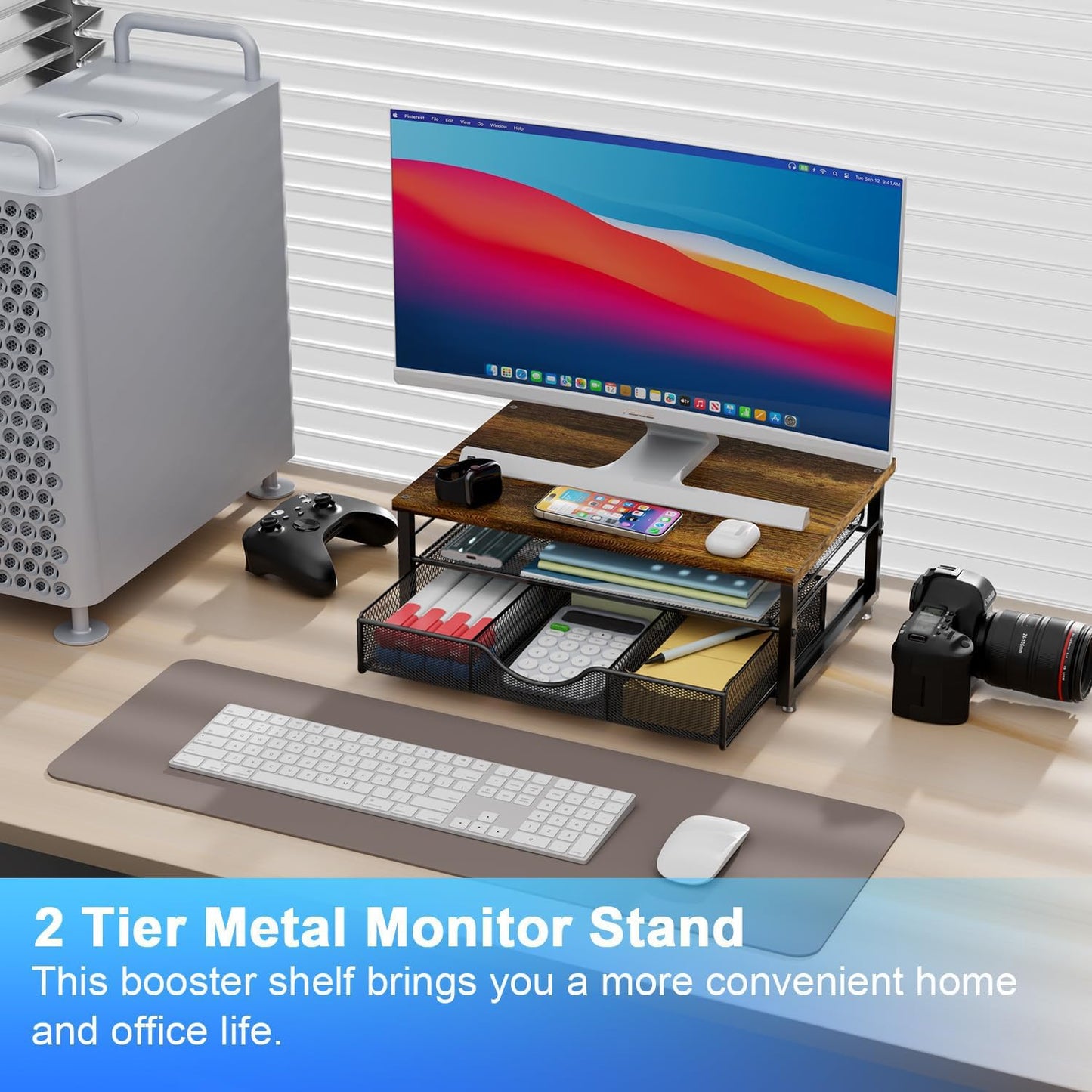gianotter Computer Monitor Stand Riser, Desk Organizers and Accessories with Drawer, Office Desk Accessories & Workspace Desktop Organizers Storage for Printer Stand (Black)