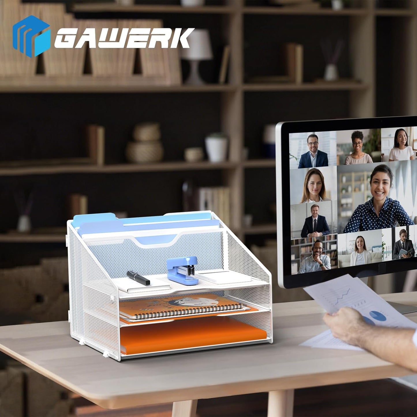 GAWERK Letter Tray Organizer, Mesh Desk File Organizer with 3 Paper Trays and 2 Vertical Upright Section, Blank