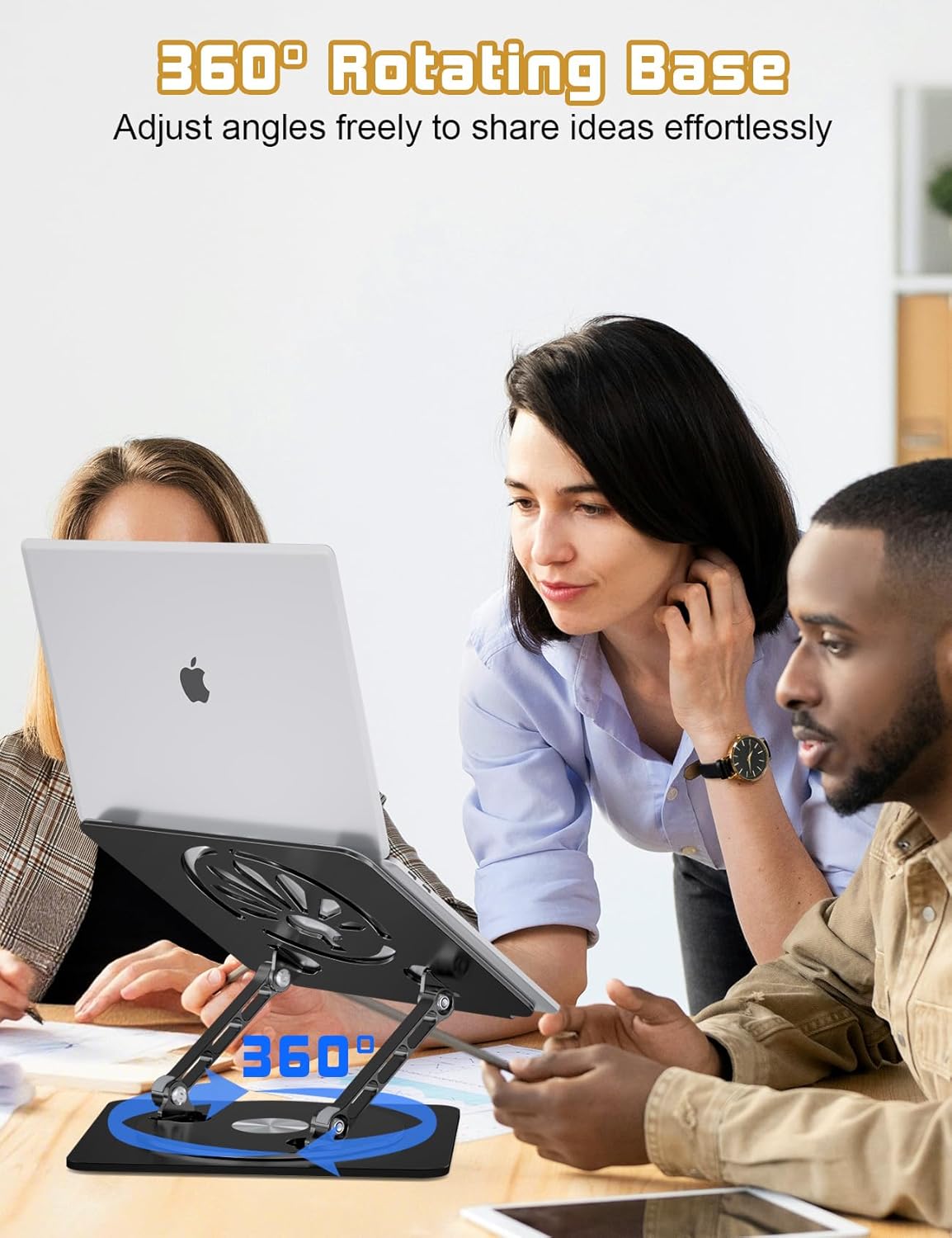 Adjustable Laptop Stand for Desk-360° Rotating Base Aluminum Laptop Riser,Ergonomic Computer Stand for Office Home MacBook Pro/Air Dell HP up to 16'',Black