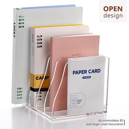 YUXUN Clear Acrylic File Folder Holder - 4 Vertical Compartments Desk Document Sorter, Upright Magazine Rack for Office/Home/Classroom, Stores Documents, Tablets, Magazines, Books & Accessories
