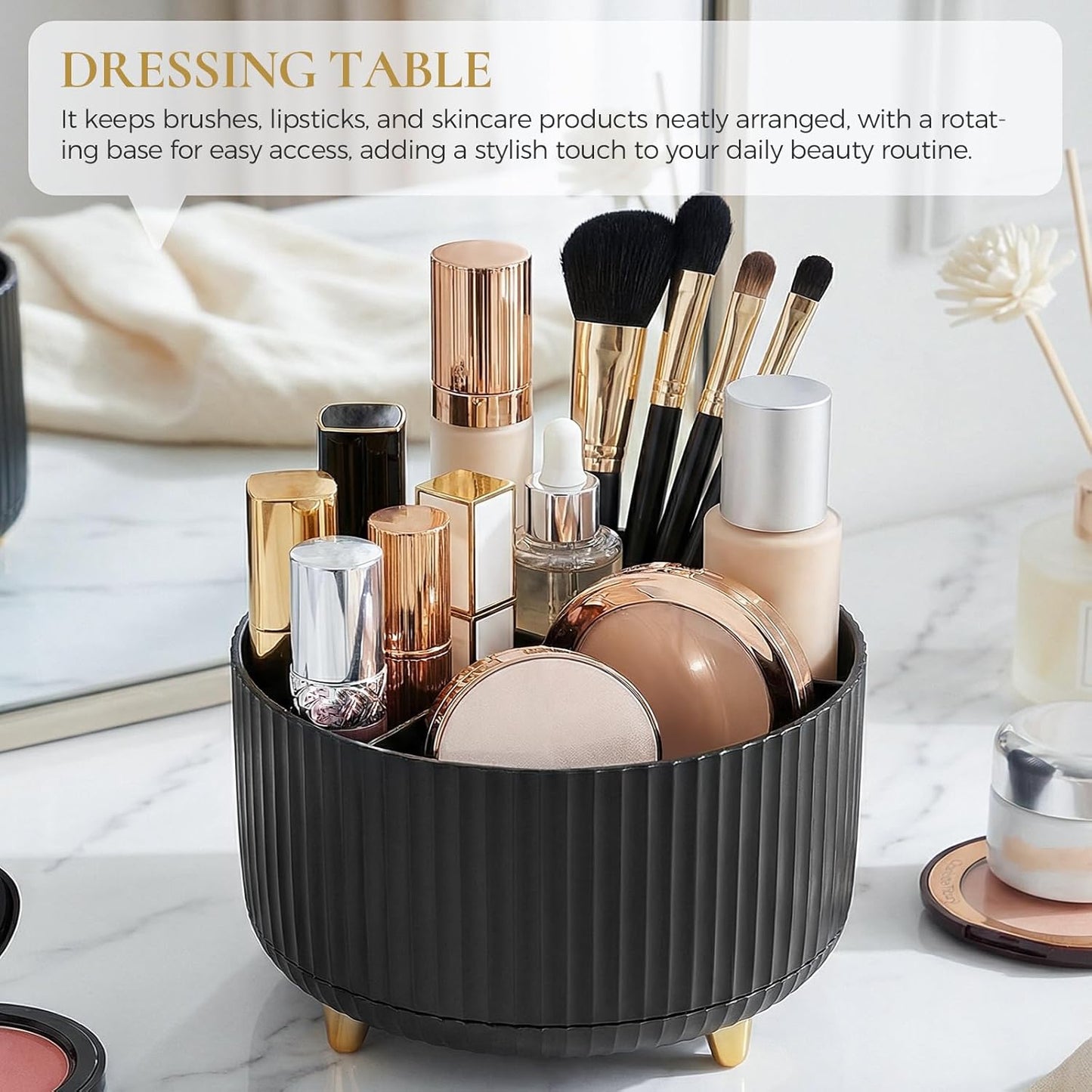 KONVINIT Pencil Pen Holder for Desk, 5 Slots 360 - Degree Rotating Desktop Organizer, Cute Desk Organizers and Accessories for School, Home, Office and Art Supply, Beige