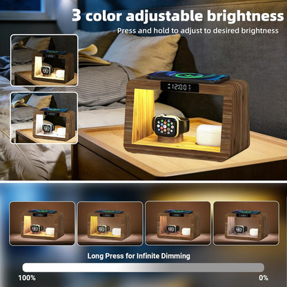 Bamboo Charging Station with Alarm Clock, 15W Fast Wireless Charger with Stepless Dimmable Night Light, 5 in 1 Wood Style Nightstand Organizer Compatible with iPhone/iWatch/AirPods
