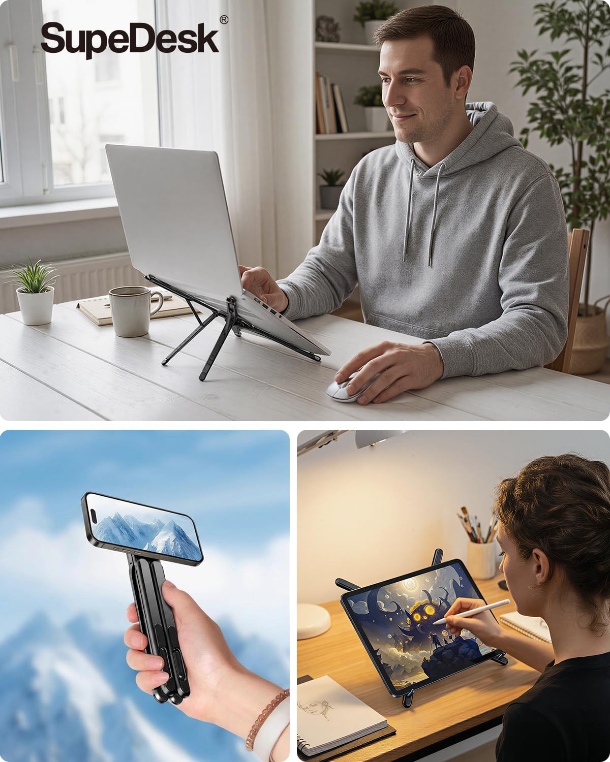 SupeDesk Adjustable Laptop Stand, 3-in-1 Magnetic Foldable Stand for Laptop, Tablet & Phone, Portable Aluminum Laptop Riser with Multi-Angle Support for Desk, Home & Travel, Black