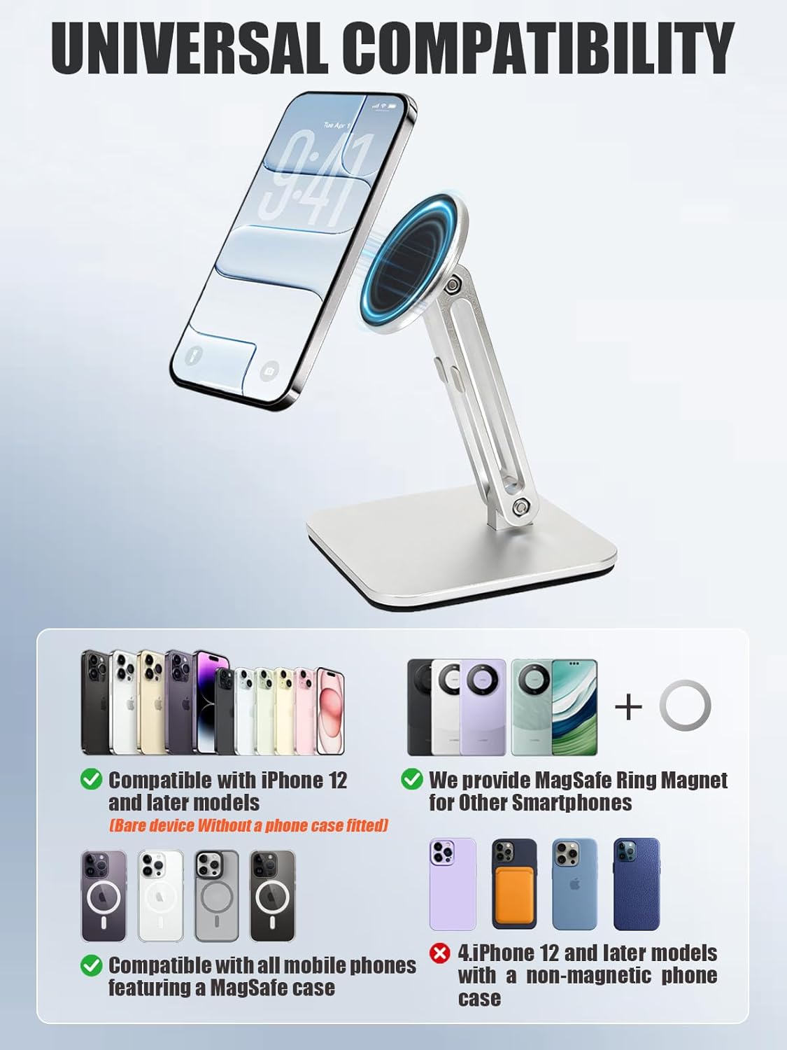 Magnetic Phone Stand for Desk, Heightened & Adjustable & Foldable Metal Magnetic Phone Holder Stand for Desk/Office/Home, Compatible with iPhone 12-17All Series/Mag Safe Case (Black