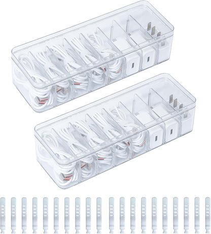 Cord Storage Organizer for Desk Drawer, Plastic Adjustable Cable Organizer Box with Lid and Wire Ties, Clear Phone Charger Case for Home Office