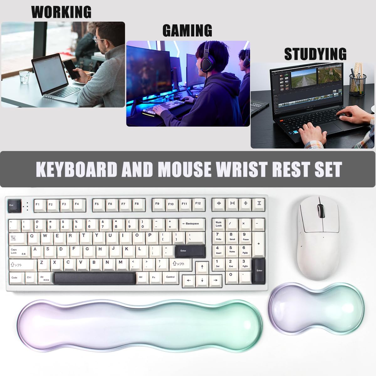 Ergonomic Gel Keyboard and Mouse Wrist Rest Set – Clear Wrist Rest for Computer Keyboard 60%/68%/75%, Comfort & Support for Typing and Gaming (Grey Purple)