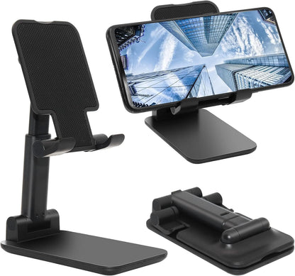 Cell Phone Stand, Folding Desktop Phone Stand, Angle Height Adjustable Mobile Phone Holder for Desk, Office, Tablet Stand Compatible with All Phones 4-10 Inches Cell Phone/Tablet (Black)