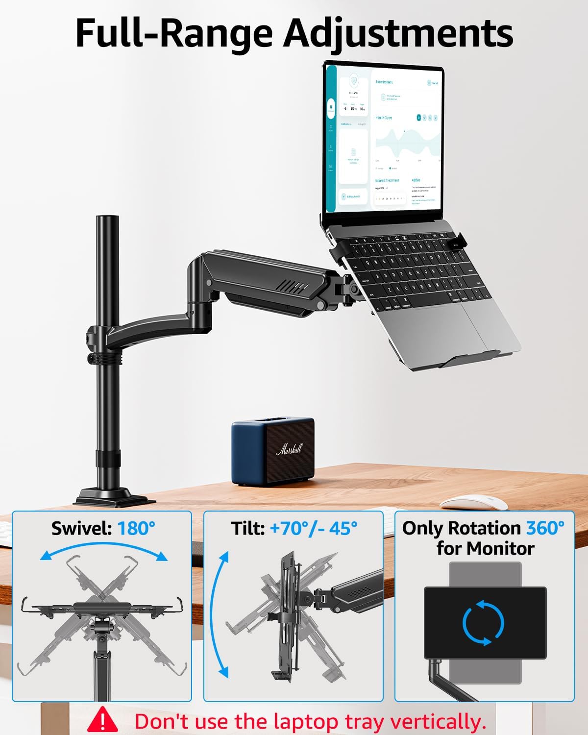 MOUNTUP Laptop Stand for Desk, Adjustable Aluminum Laptops Arm Mount for 14-17 Inch Notebook & 32" Monitor, Laptops Arm for Desk Support for 2.2-19.8lbs, 2-in-1 Laptop Desk Mount with Clamp/Grommet
