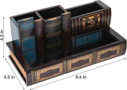 VERGOODR Decorative Pencil and Pen Holder with Storage Drawer, Wooden Desk Organizer Caddy, Antique Library Books Design Pen Cup for Office Supplies, Countertop, Desk,Table (Reddish brown)