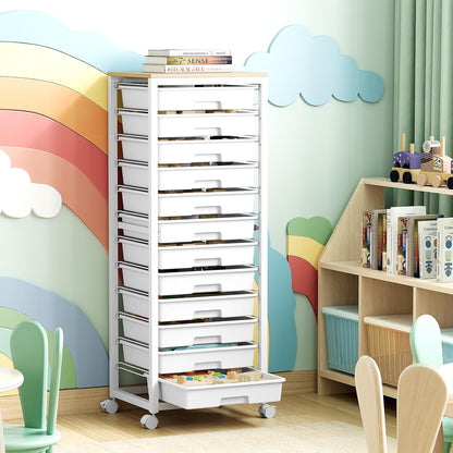 SYKIARIOL Rolling Storage Utility Cart with 6 Drawers and Wooden Tabletop for Under Desk Storage,White
