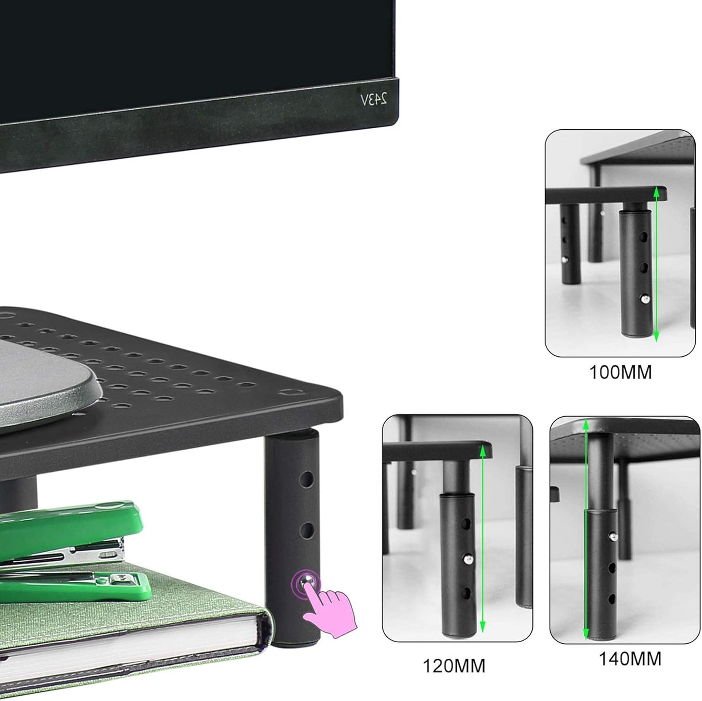 Bracwiser Monitor Stand Riser, Metal Computer Stand, 3 Height Adjustable Screen Riser with Mesh Platform for PS4, Laptop, Printer, Notebook and All Flat Screen, Holds Up to 20KG