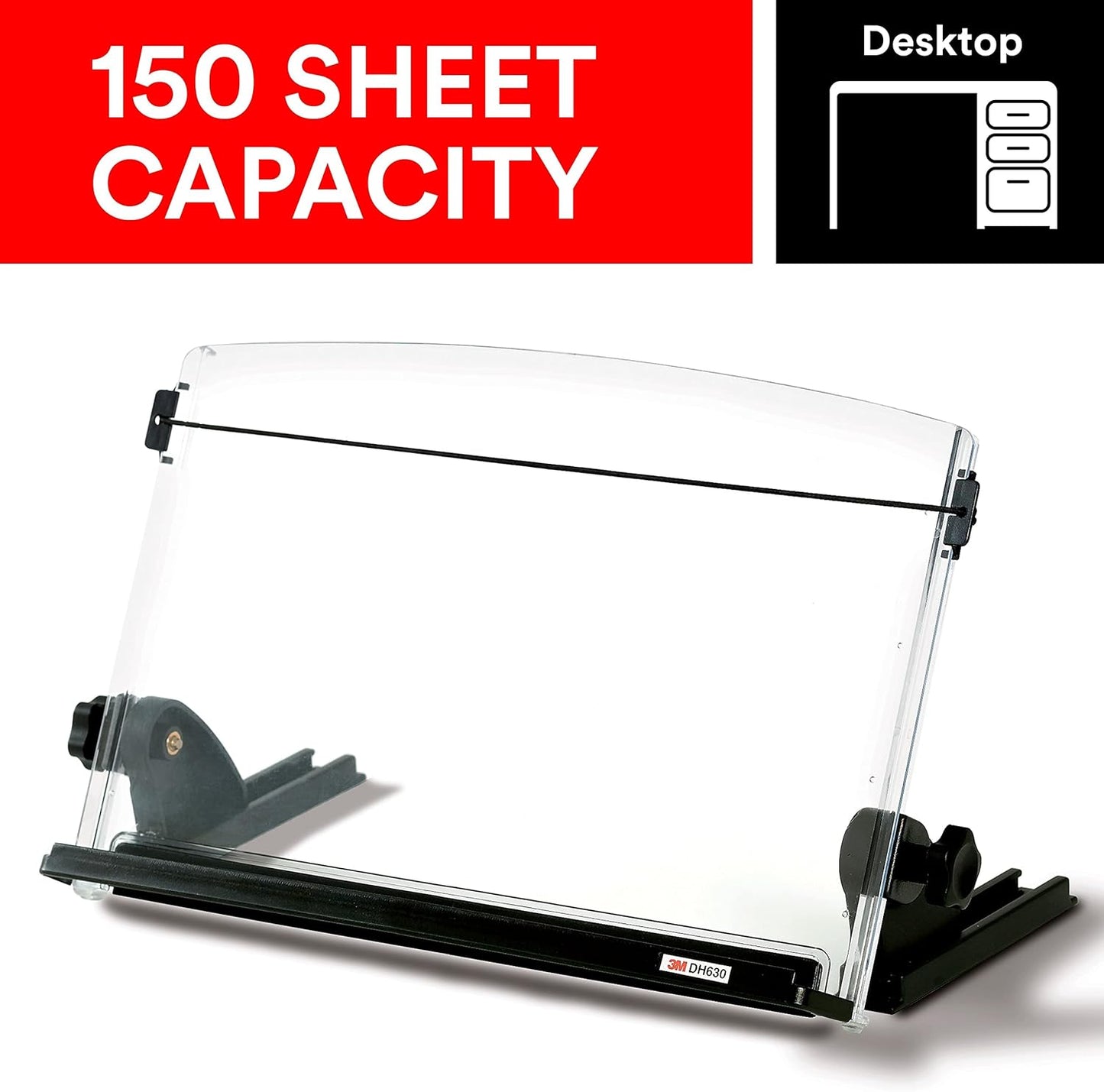 3M Adjustable Document Copy Holder, Inline with Monitor Minimizing Head and Neck Movement, 150 Sheet Capacity, Holds Sheets and Books, Elastic Guide Keeps Pages Open, 14 in Wide, Black/Clear (DH630)