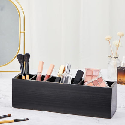 Jetec Wooden Pencil Holder 5 Compartments for Desk Adjustable Pen Holder Wood Office Desk Organizers and Accessories Makeup Brush Organizer for Pen, Home, Office and Art Supplies (White)