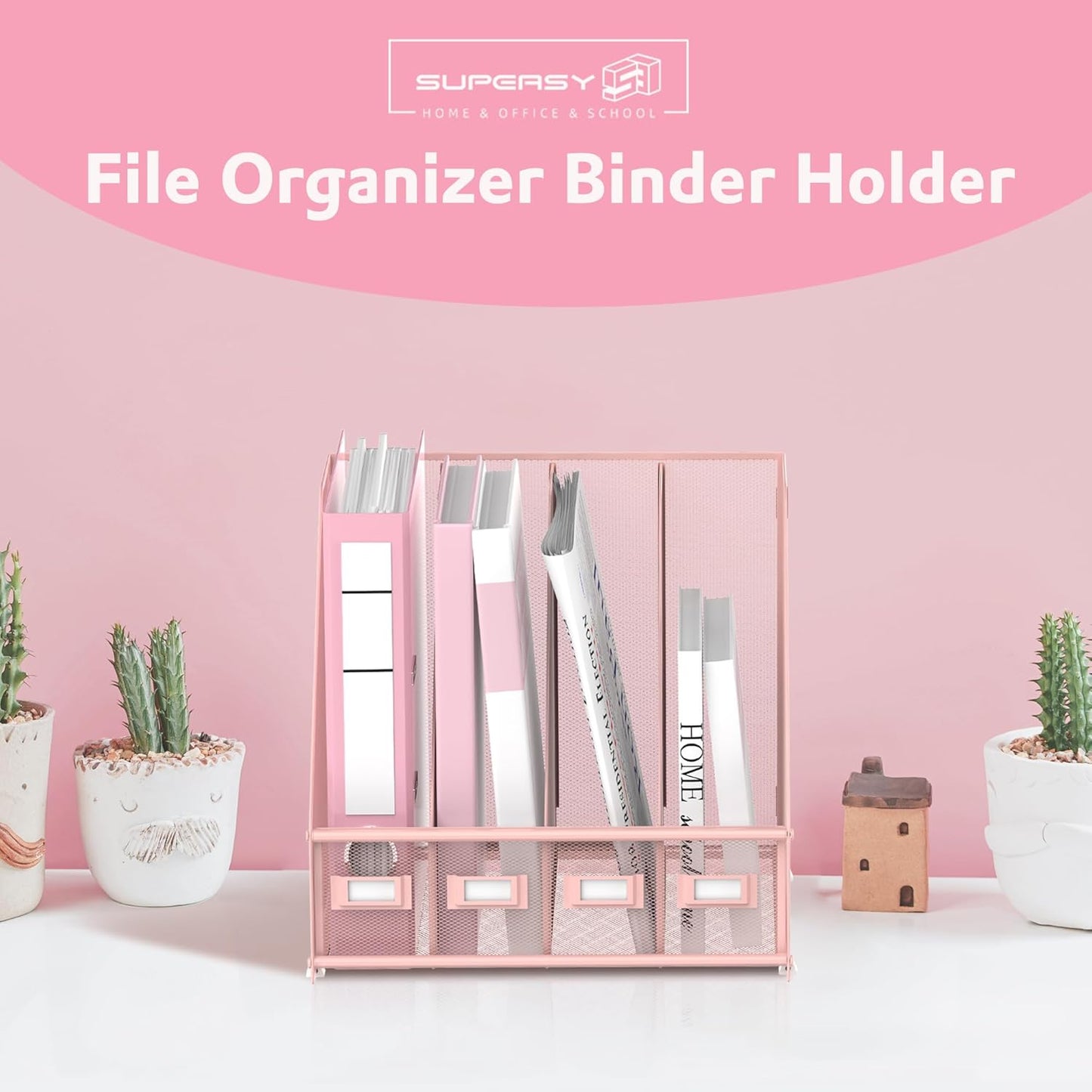 SUPEASY Magazine File Holder, Binder Holder Metal Desk Organizer with 4 Rack Compartments, File Organizer for Office Home School, Black