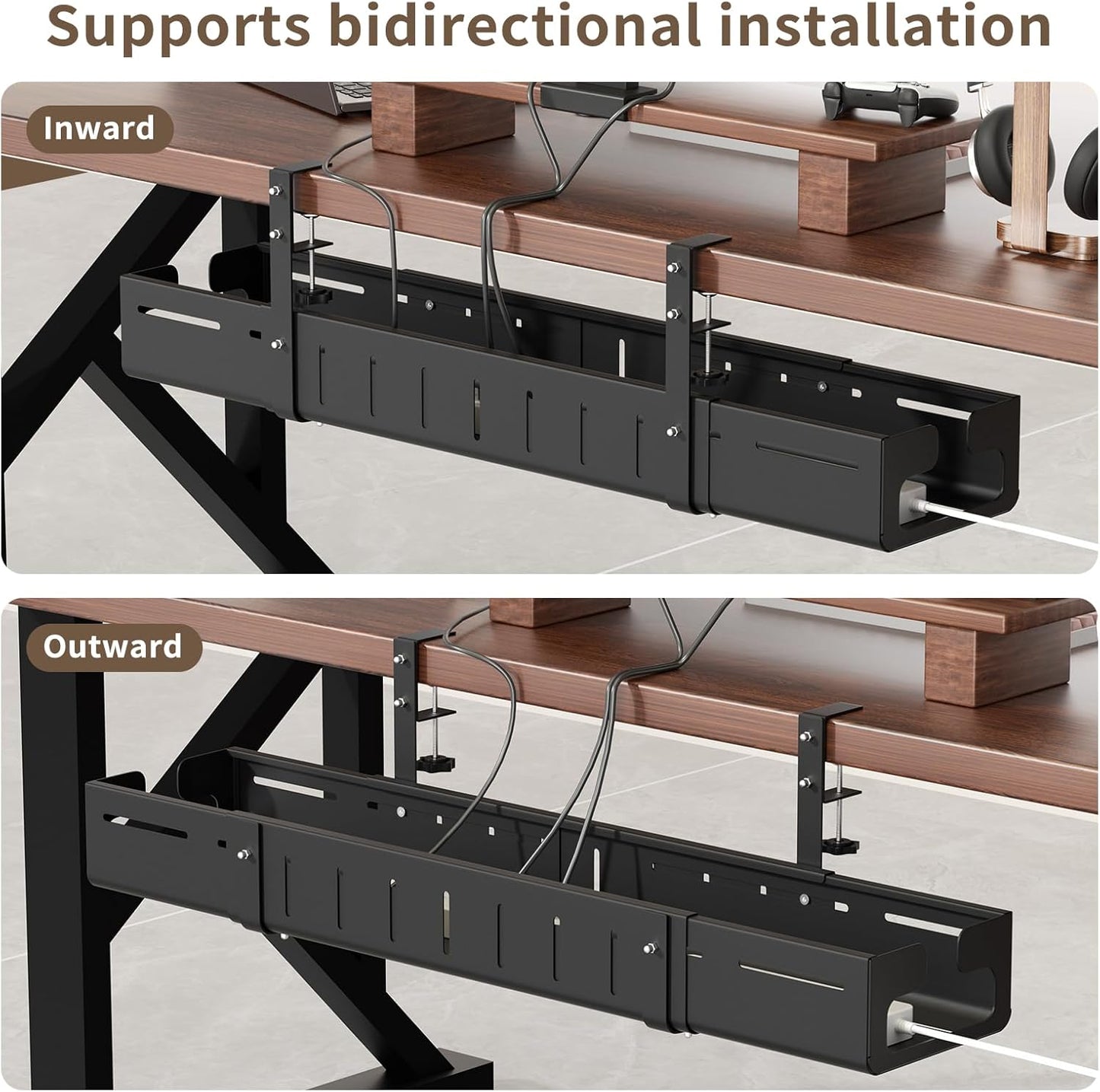 Under Desk Cable Management Tray, Expandable 25.2"–38.6" Heavy Duty Carbon Steel with Clamp, Hidden Cord Organizer for Desk, Home Office & Standing Desk, No Drill Installation, Black