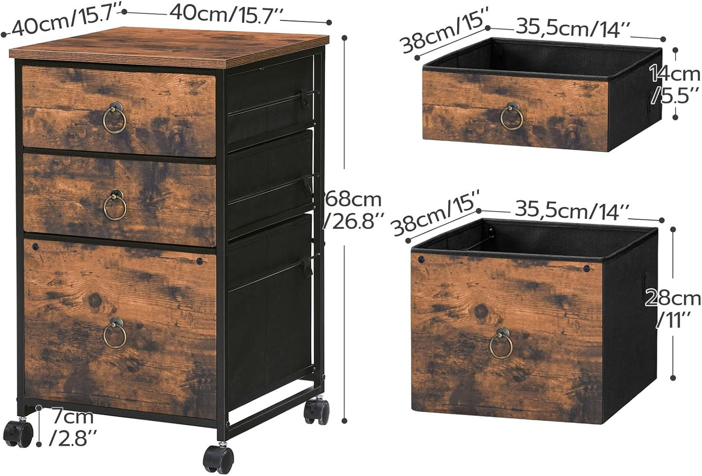 HOOBRO 3-Drawer Mobile File Cabinet, Vertical Filing Cabinet, Under Desk Storage Drawers for Home Office, Rolling Printer Stand, A4/Letter-Sized, Nonwovens Drawer, Rustic Brown and Black BFK30WJ01