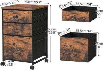 HOOBRO 3-Drawer Mobile File Cabinet, Vertical Filing Cabinet, Under Desk Storage Drawers for Home Office, Rolling Printer Stand, A4/Letter-Sized, Nonwovens Drawer, Rustic Brown and Black BFK30WJ01