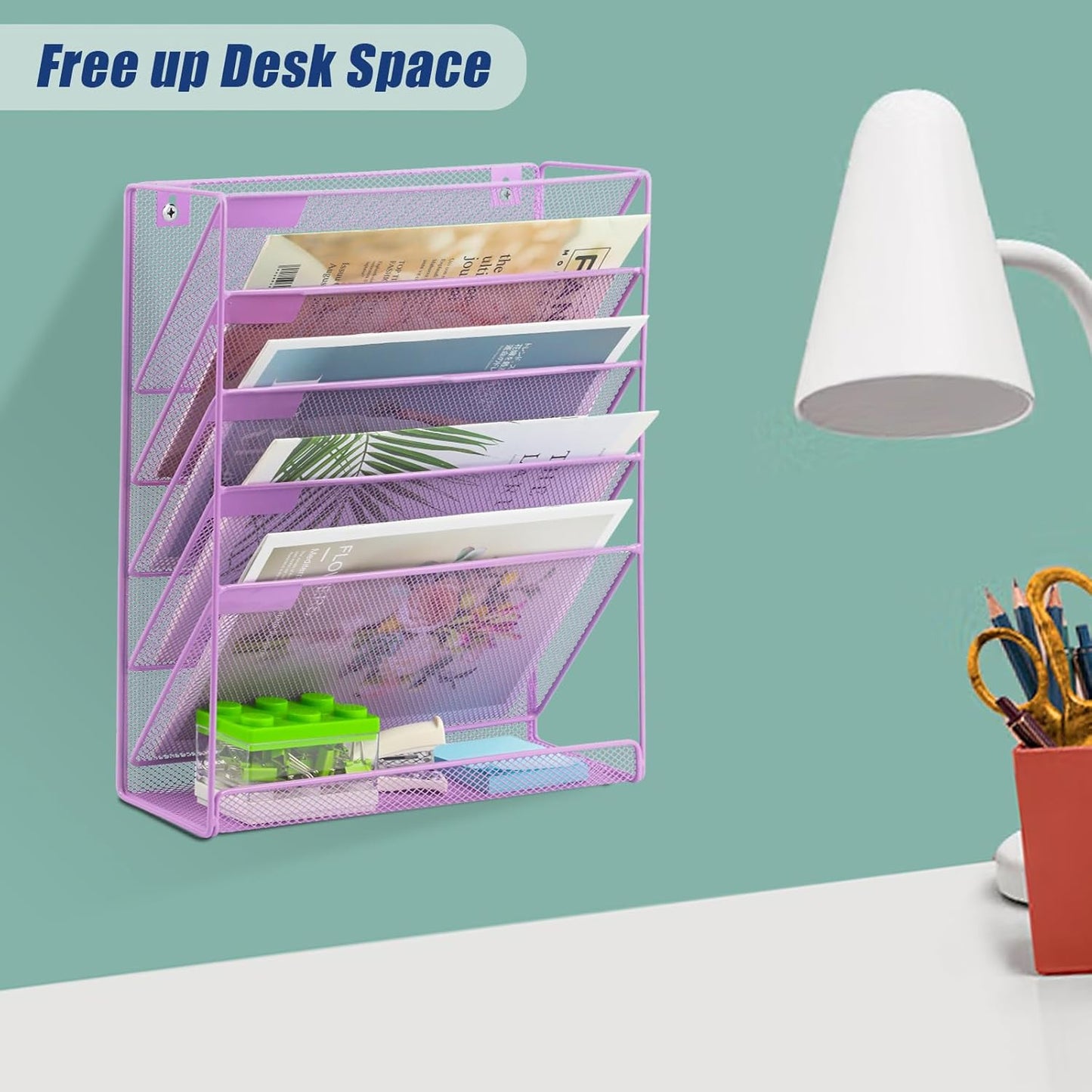 EASEPRES Desk File Organizer Mesh 6-Tier, Hanging Wall Mount Document Organization Stand, Desktop Vertical Mail Paper Folder Holder Rack with Bottom Tray for Office Home Cubicle Countertop, Black