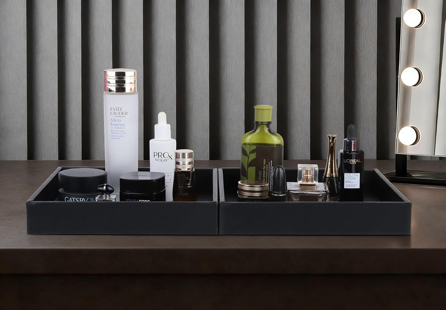 HofferRuffer Faux Leather Vanity Tray, Elegant Desktop Storage Organizer, Decorative Catchall for Perfume, Bathroom Valet, Nightstand or Dresser, Black, 10.2 x 8.4 x 1.8 Inches