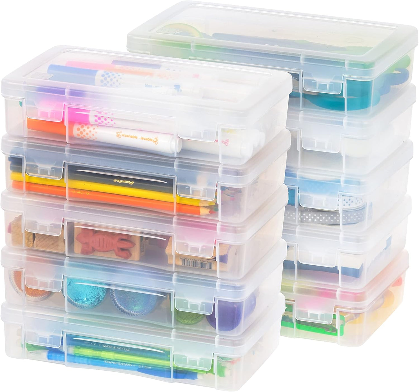 IRIS USA Pencil Case Boxes, 10-Pack, |Made in USA|, Plastic Bead Organizing Containers with Snap Lid for Arts, Crafts, Ephemera, Stickers, & Dance Cheer, Clear - Small