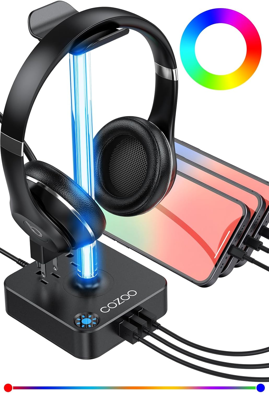 COZOO Headphone Stand with USB Charger Desktop Gaming Headset Holder Hanger with 3 USB Charging Station and 2 Outlets Power Strip,Suitable for Gaming, DJ,Wireless Earphone Display, Gamer Gifts for Men
