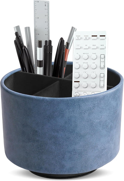 Hennaja Round Leather Art Supply Organizer,Remote Control Holder,360 Degree Rotating,Multi-Functional Pencil Holder,4 Compartments Desktop Stationary Organizer(1-Blue Bird) - Colors A