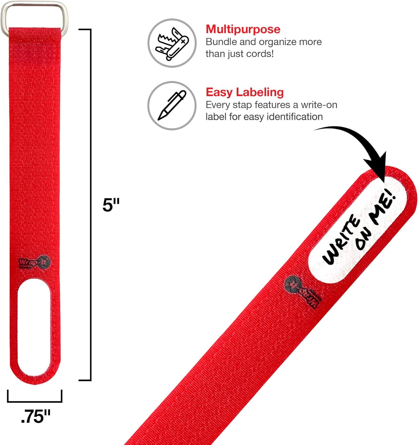 Wrap-It Storage Cinch-Straps, 5" 20 Pack (Red), Features Metal Buckle and Write on Label for Easy Cord Identification and Cable Management, Reusable Multi-Purpose Securing Cinch Straps