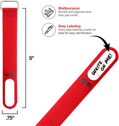 Wrap-It Storage Cinch-Straps, 5" 20 Pack (Red), Features Metal Buckle and Write on Label for Easy Cord Identification and Cable Management, Reusable Multi-Purpose Securing Cinch Straps