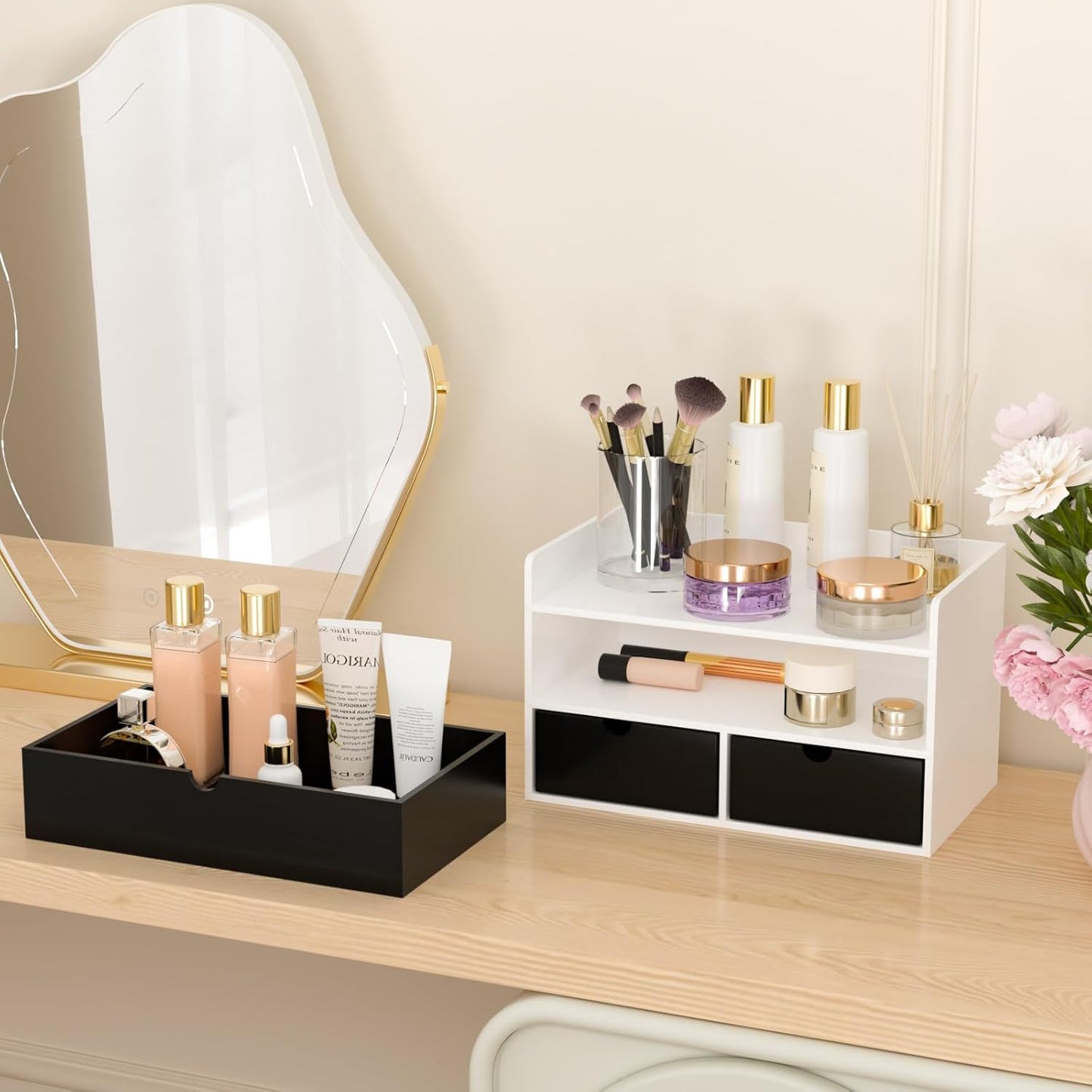 Desk Organizer with Drawers - Bamboo Desktop Organizer Storage | Wood Desk Drawers Organizer for Bills, Office Supplies, Cosmetics, Seals No Assembly Required (3 Drawer with Big Drawer)