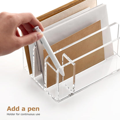 SANRUI Acrylic Mail Sorter Desktop Organizer Holder, 2 Compartments Clear Small File Script Letter Office Document Storage for Desk Bill Filling Envelope Holder Office, Home, School Desk Organization